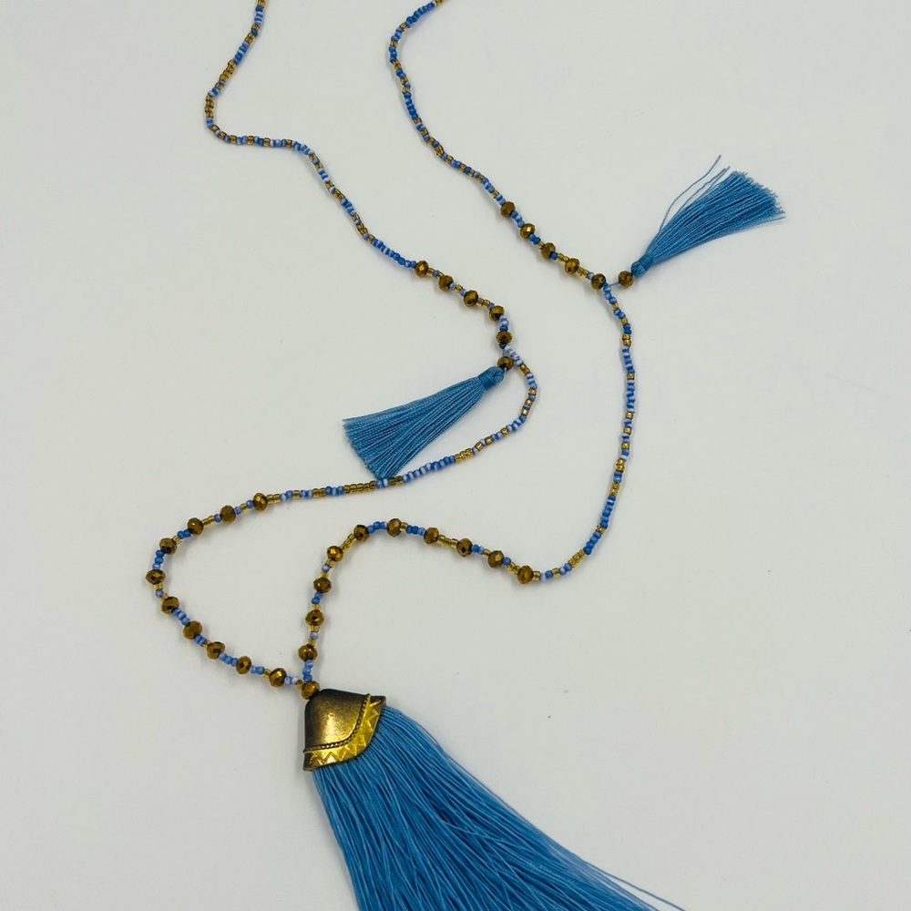 New Blue and Gold Beaded Long Tassel Necklace